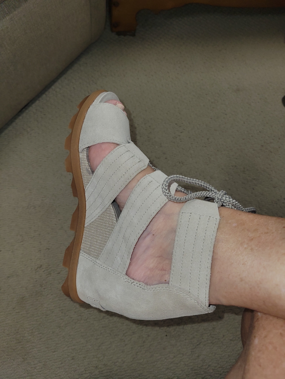 Sorel Light Gray Suede Wedge Sandals with Tan Lug Sole